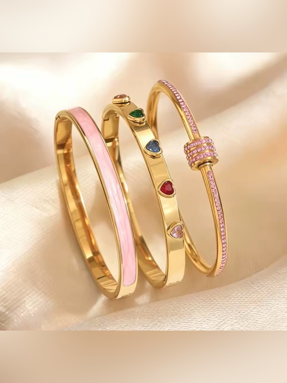 Gold-tone Women's Bracelet Set with Pink Accents